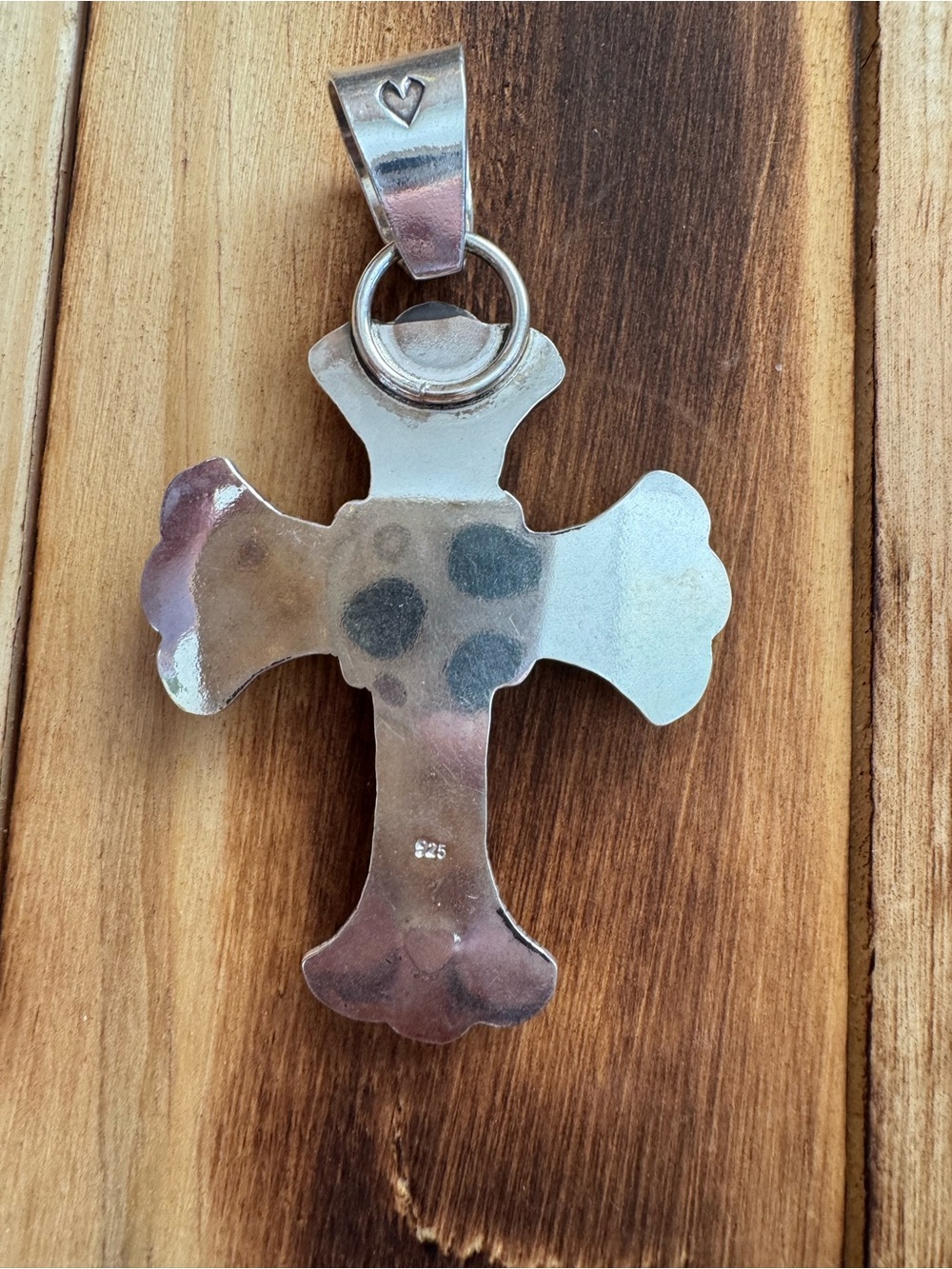 Sterling Cross Pendant with Turquoise Heart and Orange Spiny Accents - Picture 3 of 7